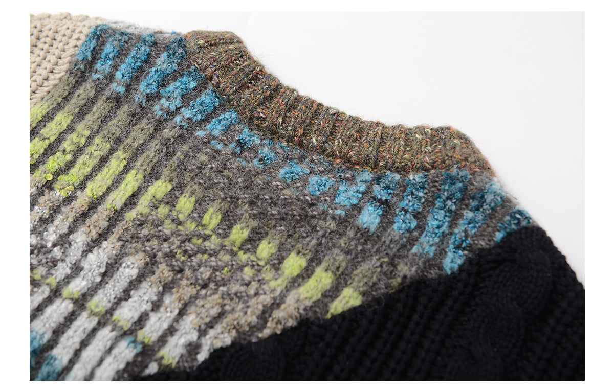 Heavy-weight twisted patchwork gradient back collar camel wool sweater