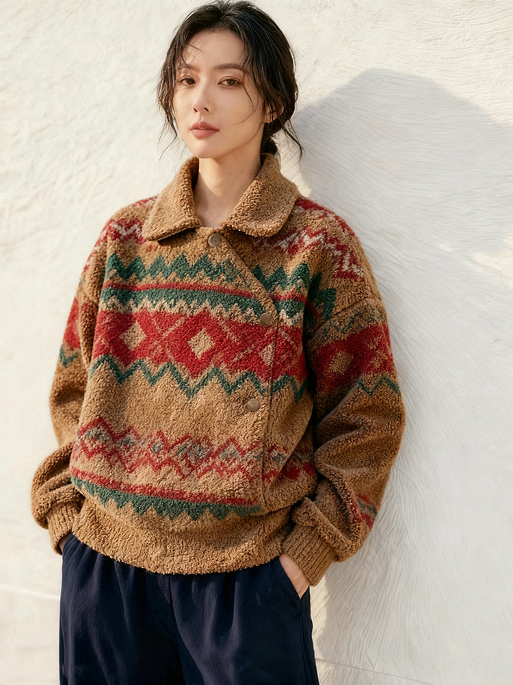 Women's 2025 Autumn Winter Christmas Lamb Wool Coat - Korean Chanel-Inspired Fair Isle Thick High-End Coat