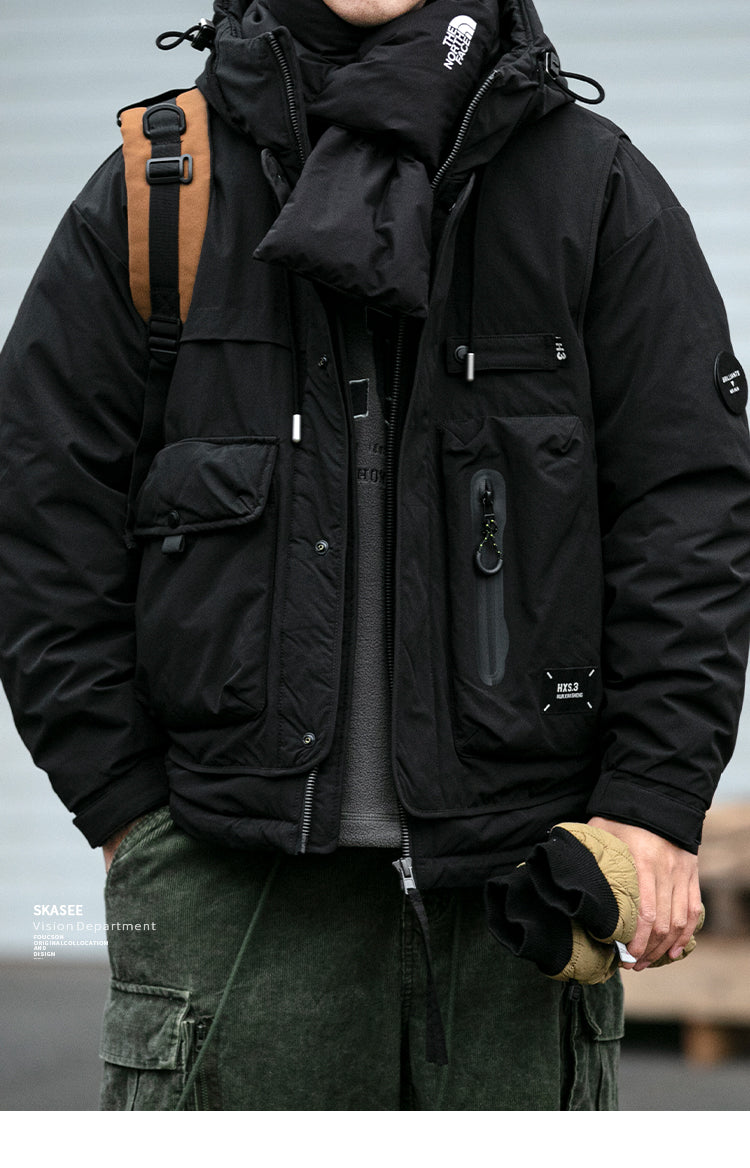 Winter Workwear Hooded Down Jacket Men's Trendy Loose Outdoor Multi-Pocket Functional 90% White Duck Down Warm Coat Trendy