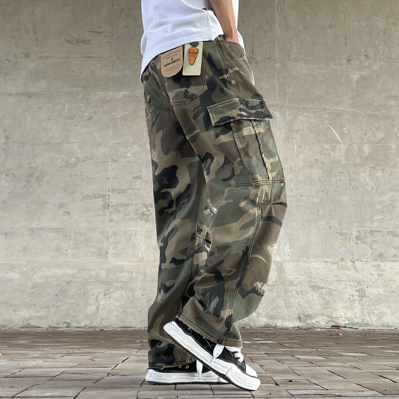 Men's American Street Retro Cargo Pants - Camouflage Heavy Washed Ripped Straight-Leg Pants