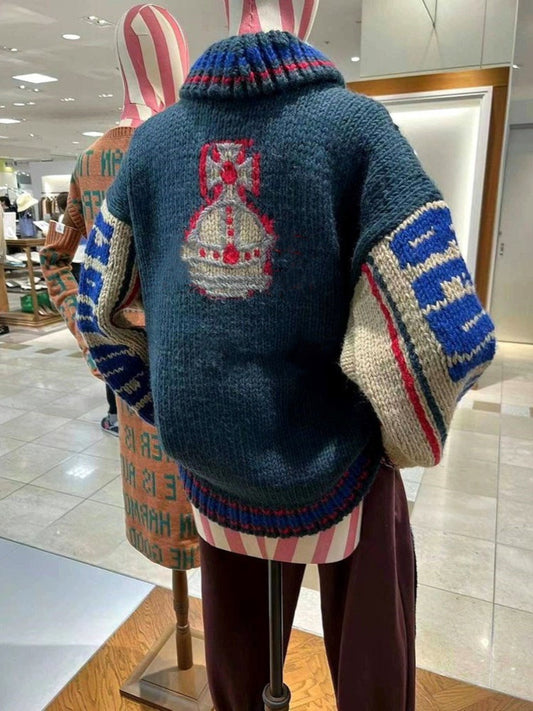 American Retro Heavy Stitch Polo Cardigan – Loose Knit Sweater Jacket