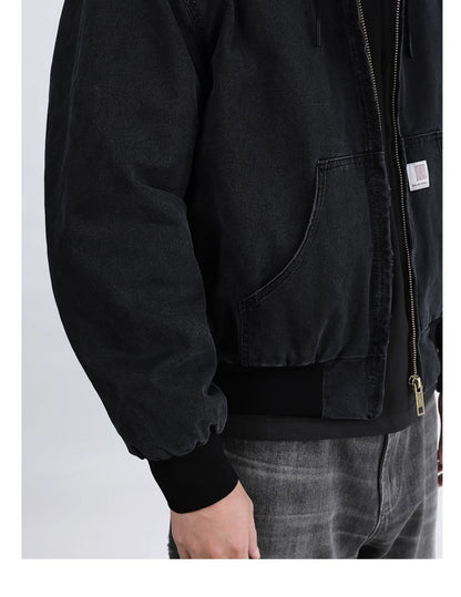 Vintage Wash Distressed Cargo Hoodie Jacket – Thermal Insulated Men's Coat