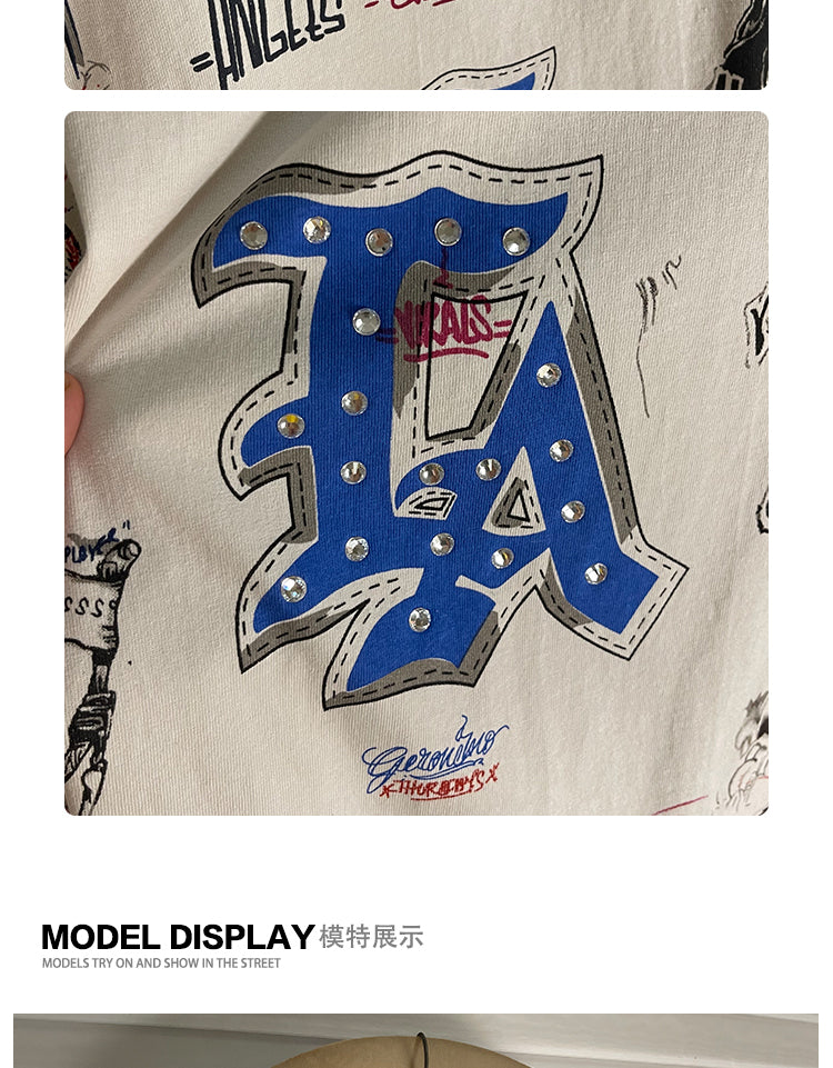 Quan Zhilong “Saint Michael” Rhinestone Graffiti Long-Sleeve Tee – Unisex Streetwear Vintage Base