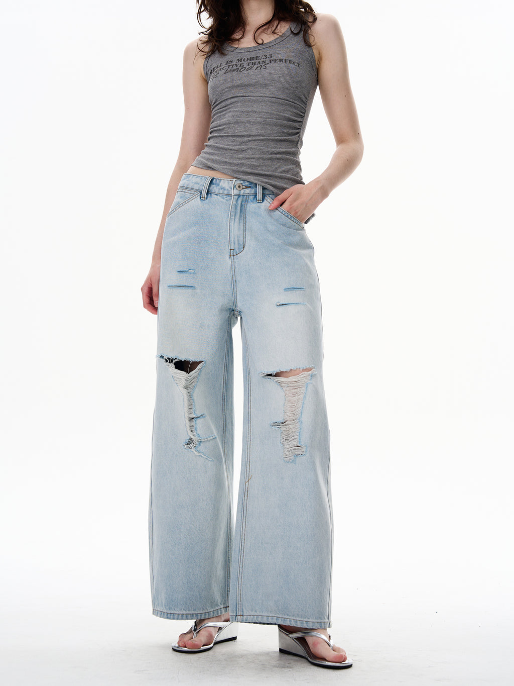 American Style Distressed Light Blue Jeans Trendy Brand Men's Cool Street Style High-End Pants