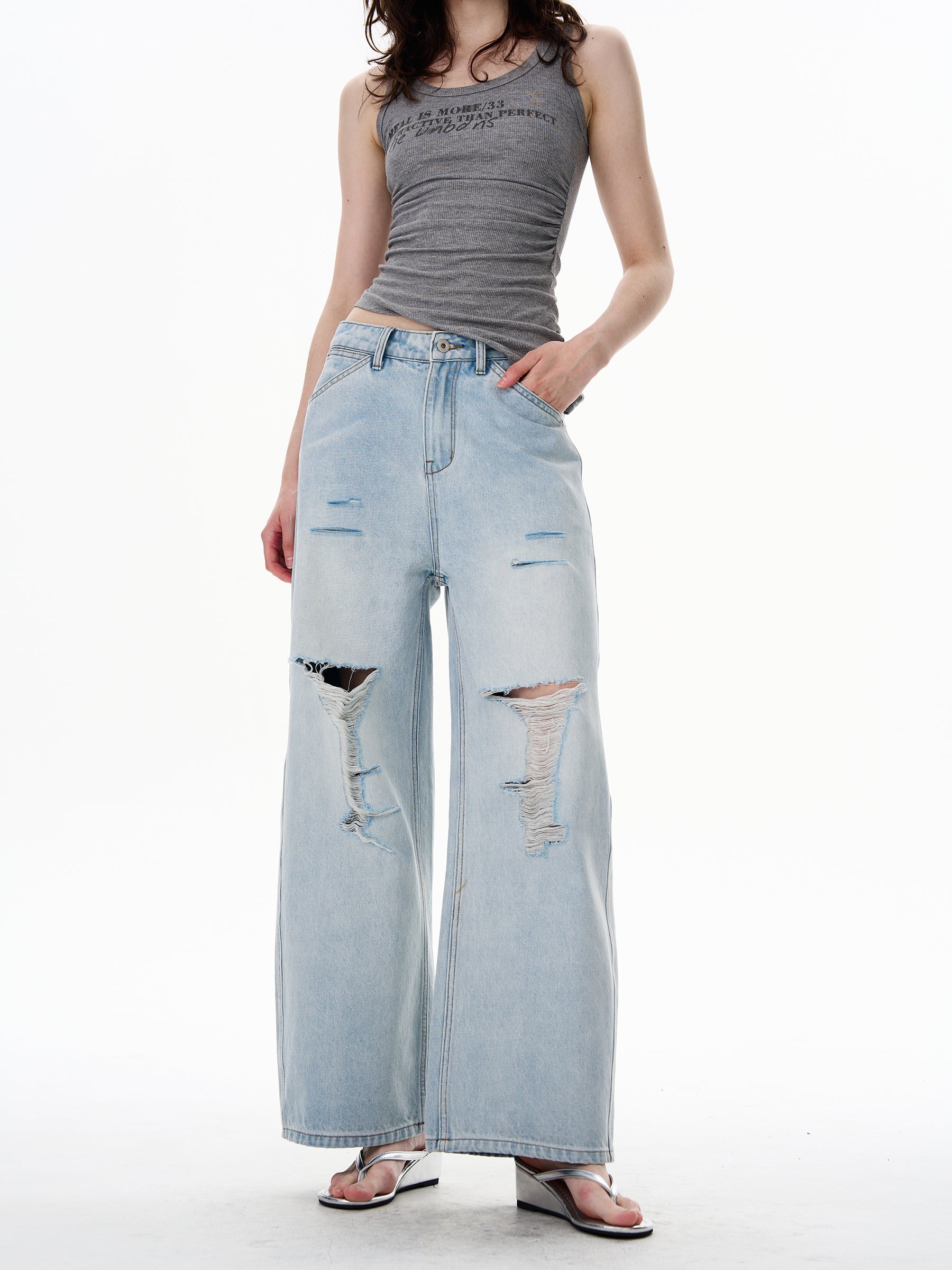 American Style Distressed Light Blue Jeans Trendy Brand Men's Cool Street Style High-End Pants