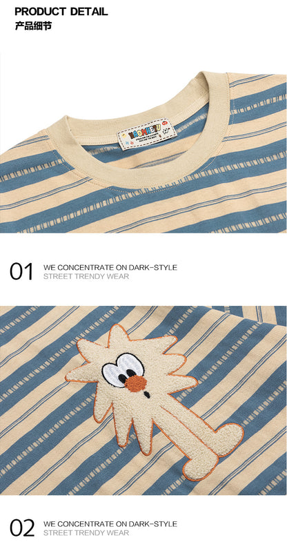 Japanese Style Casual Cartoon Color Block Striped Short Sleeve Men's T-Shirt Summer Oversize Lazy Half Sleeve Tee