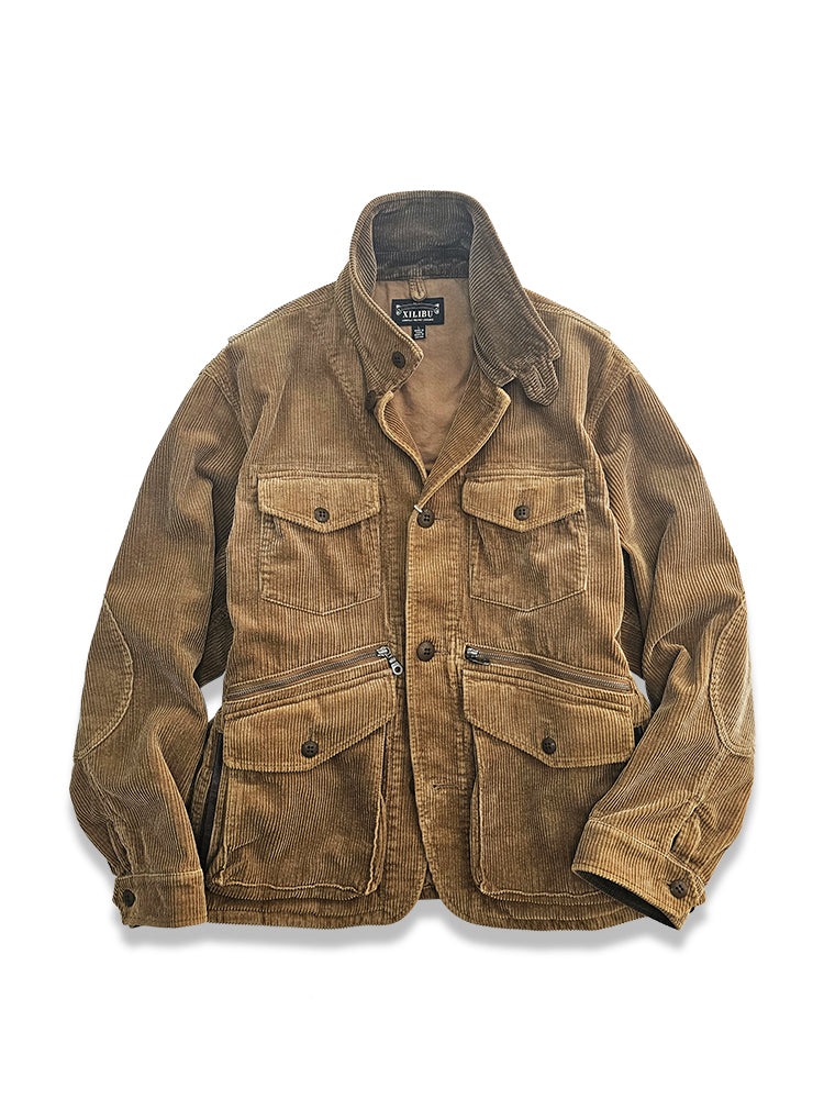 Corduroy Western Hunting Jacket for Men, Washed Multi-Pocket Outdoor Adventure Workwear Retro Windbreaker Jacket