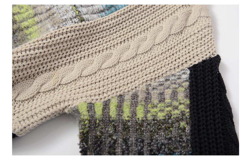 Heavy-weight twisted patchwork gradient back collar camel wool sweater