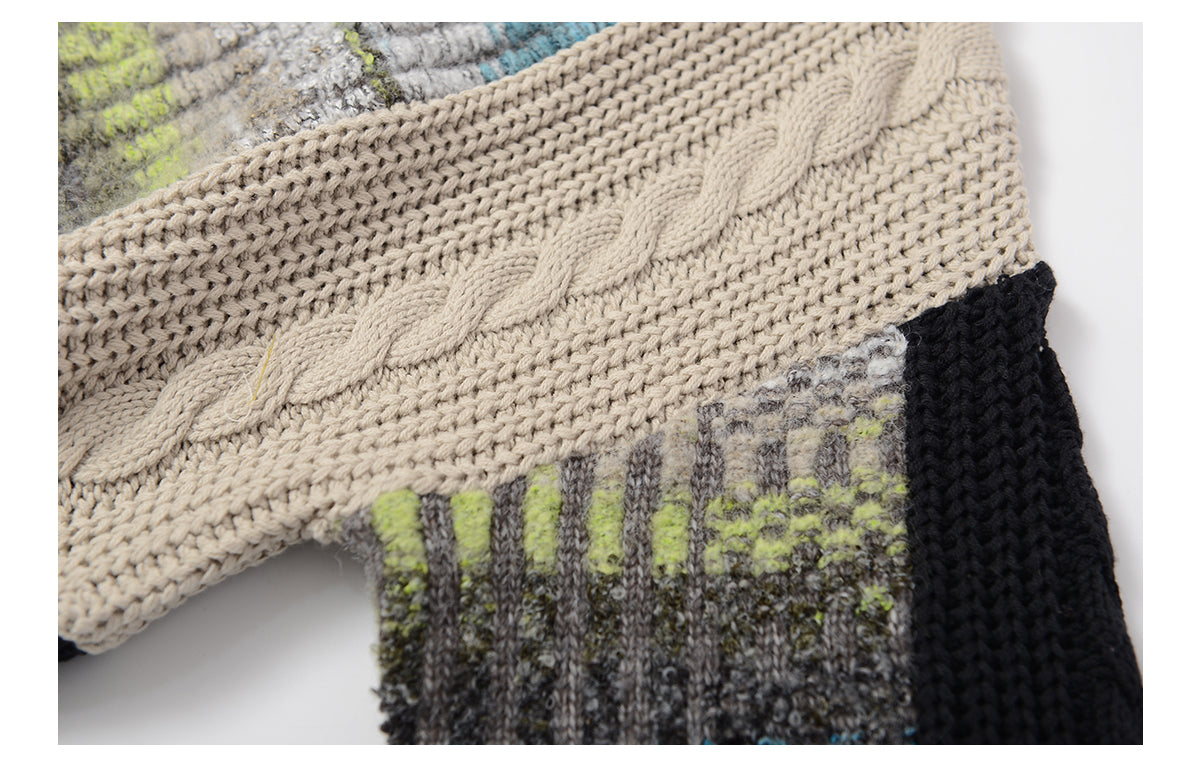 Heavy-weight twisted patchwork gradient back collar camel wool sweater