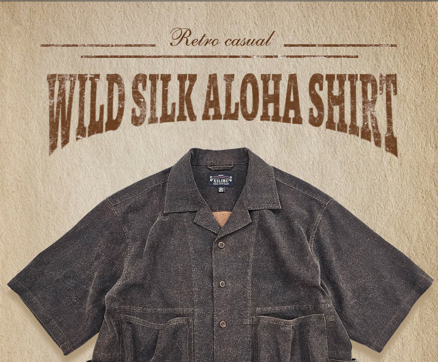 Wild Silk Cuban Collar Half Sleeve Shirt Men's Dye Yam Dyed Tussah Silk Aloha Retro Short Sleeve Shirt Summer