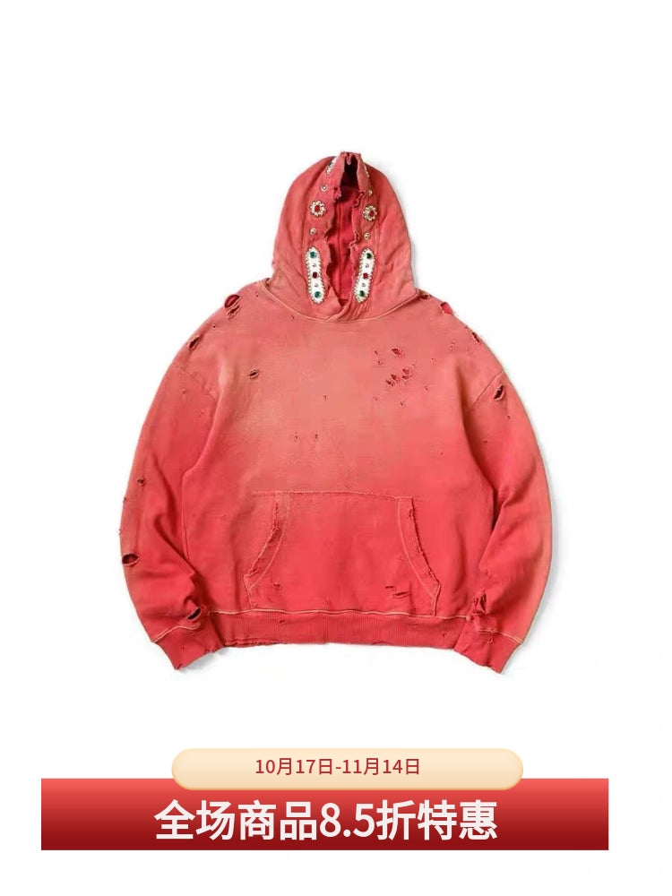 Bieber Same Style 25AW KAPITAL Kazuhiro Hirata Japanese Wax Dye Washed Destroyed Gemstone Hoodie