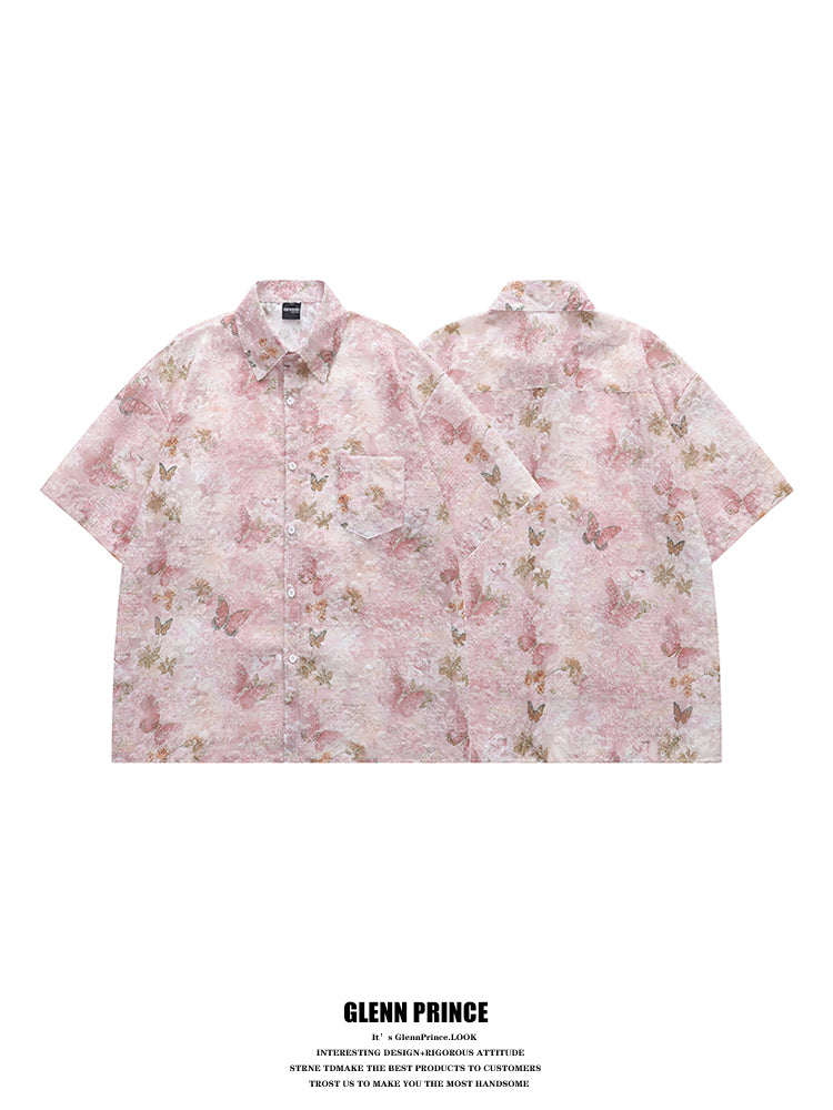 Lazy Style Tassel Butterfly Full Print Short Sleeve Shirt for Men Summer Design Sense Niche Beach Floral Shirt