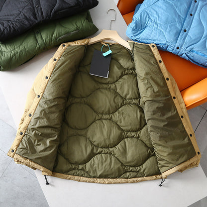 Collarless Down Jacket – Wave Quilting & Snap Front