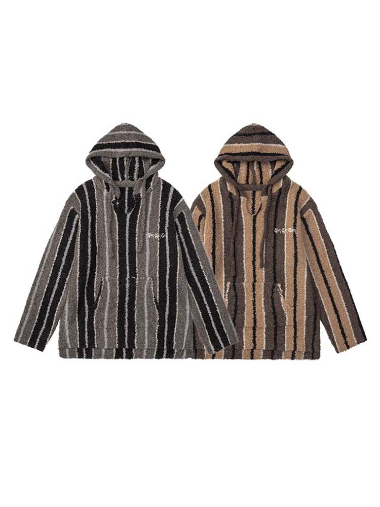 MEDRIA Retro Striped Wool Blend Tibetan Hoodie Autumn Winter Lazy Style Knitted Sweater Unisex Hooded Jacket