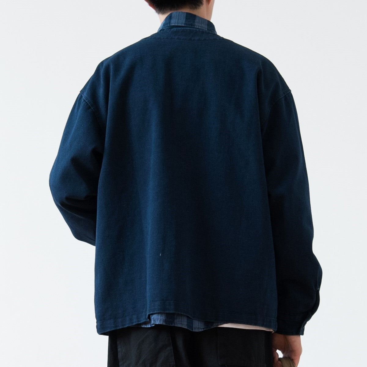 Vintage Washed Denim Collarless Shirt – Japanese Style Long Sleeve (Unisex)