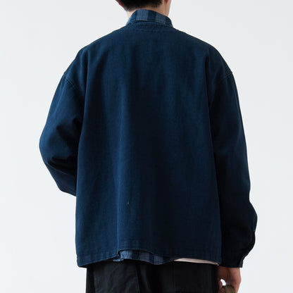 Vintage Washed Denim Collarless Shirt – Japanese Style Long Sleeve (Unisex)