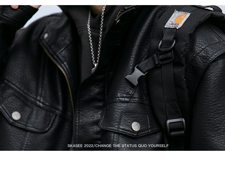 Men's American Retro Leather Jacket - Lychee Grain Stand Collar Motorcycle Coat