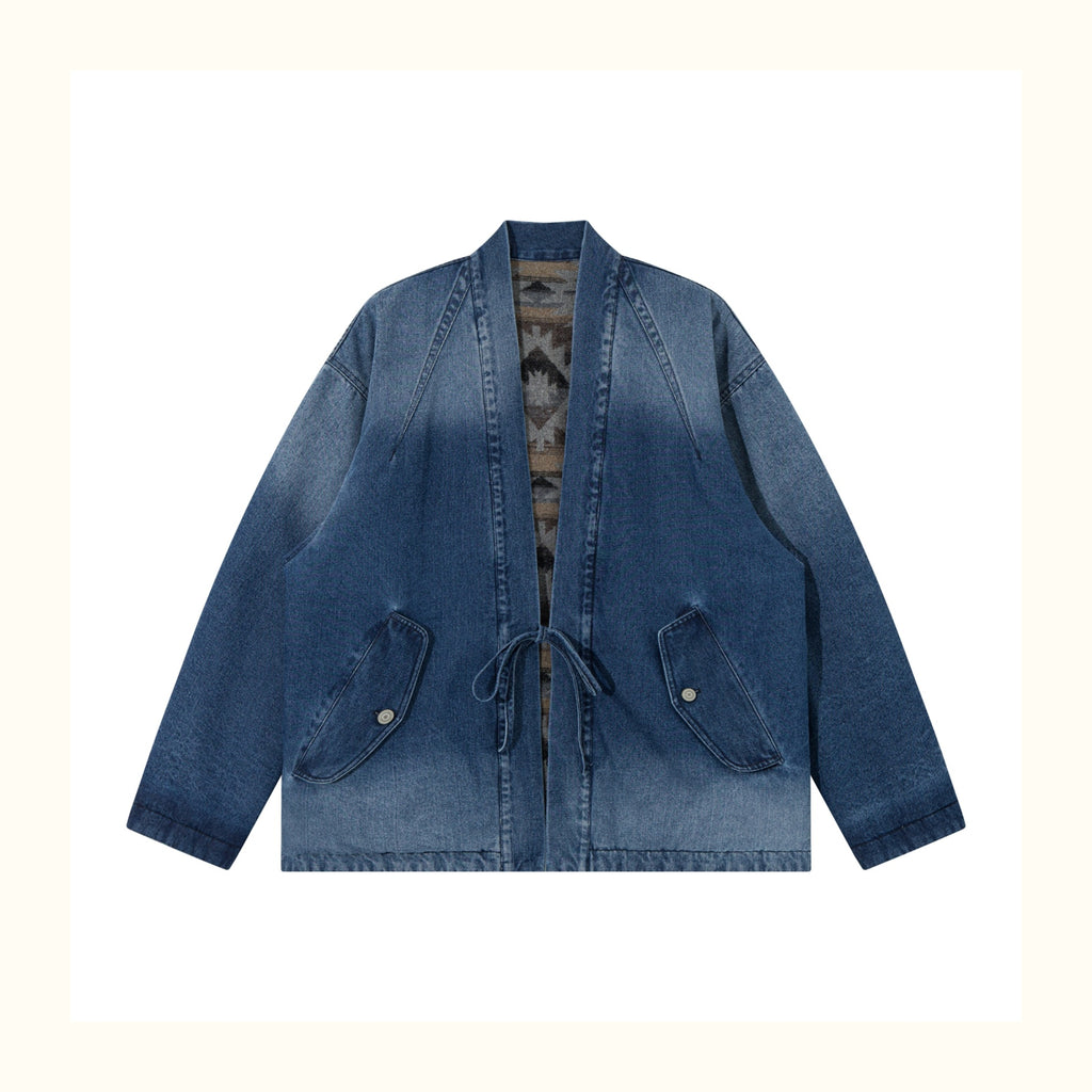 Reversible Ethnic Jacquard “Dao Robe” Denim Cardigan – Oversized Lace-Up Coat for Autumn