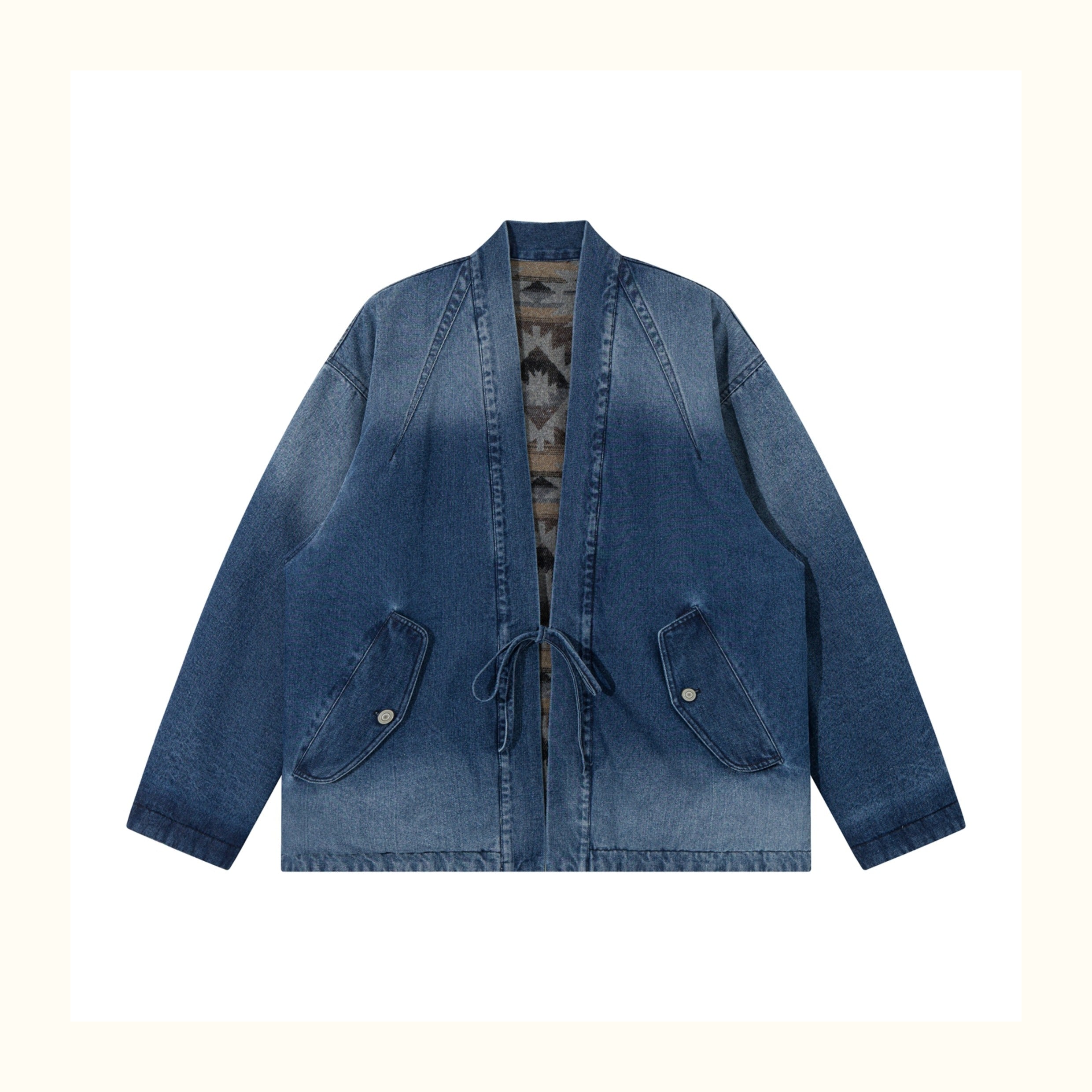 Reversible Ethnic Jacquard “Dao Robe” Denim Cardigan – Oversized Lace-Up Coat for Autumn
