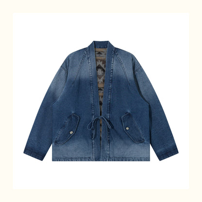 Reversible Ethnic Jacquard “Dao Robe” Denim Cardigan – Oversized Lace-Up Coat for Autumn