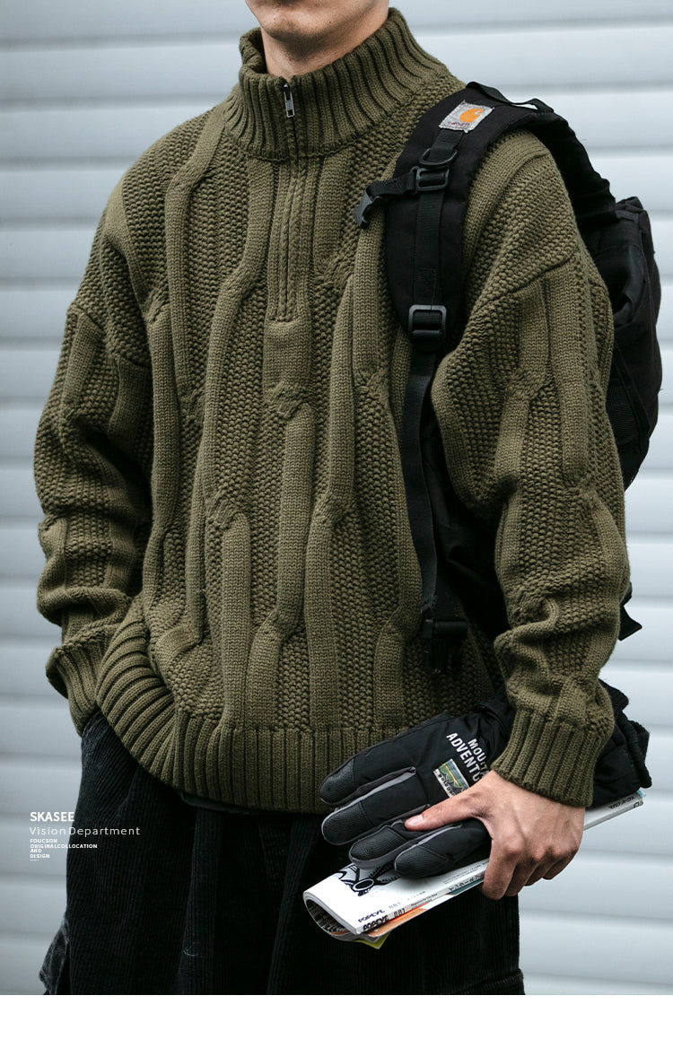 Winter Heavyweight High Grammage Non-Itchy Thick Cable Knit Stand Collar Pullover Sweater American Retro Half-Zip Thickened Coat