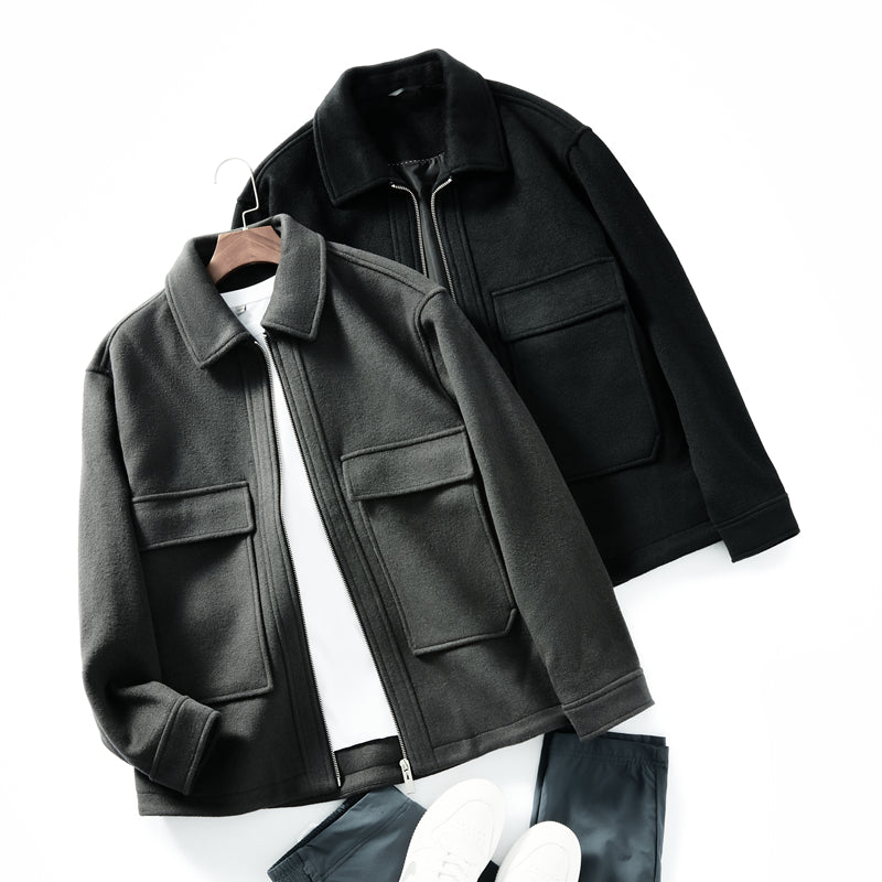 Korean Minimalist Workwear Jacket – Thickened 53% Sheep Wool, Turn-Down Collar for Autumn/Winter