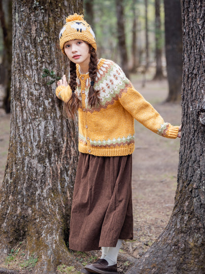 Handmade Iceland-Style Chunky Wool Cardigan – Forest Turmeric Nordic Retro (Women)