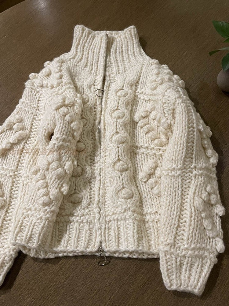 Women's Winter Wool Sweater Coat - Japanese Handmade Thick Yarn Ball Zipper Loose Knitted Top