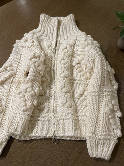 Women's Winter Wool Sweater Coat - Japanese Handmade Thick Yarn Ball Zipper Loose Knitted Top