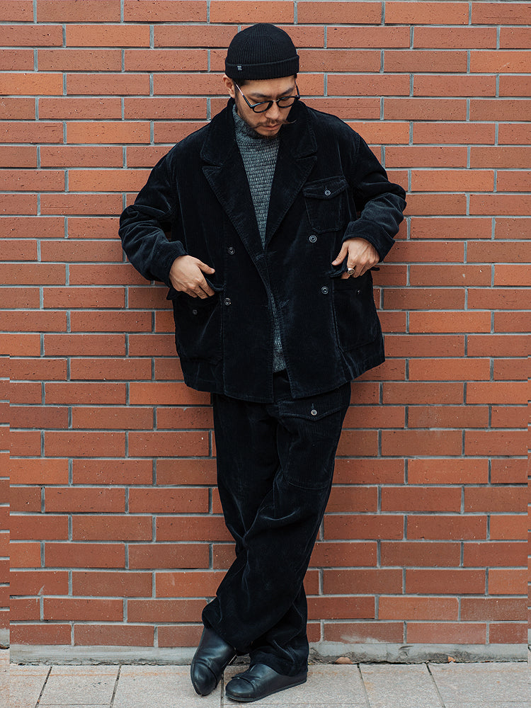 Retro Corduroy Double-Breasted Peak-Lapel Blazer – Loose 70s-Style Vintage Coat