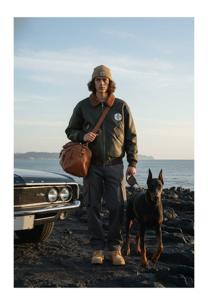 American Retro Leather Cotton Jacket - Lamb Wool Embroidered Coat (Men)