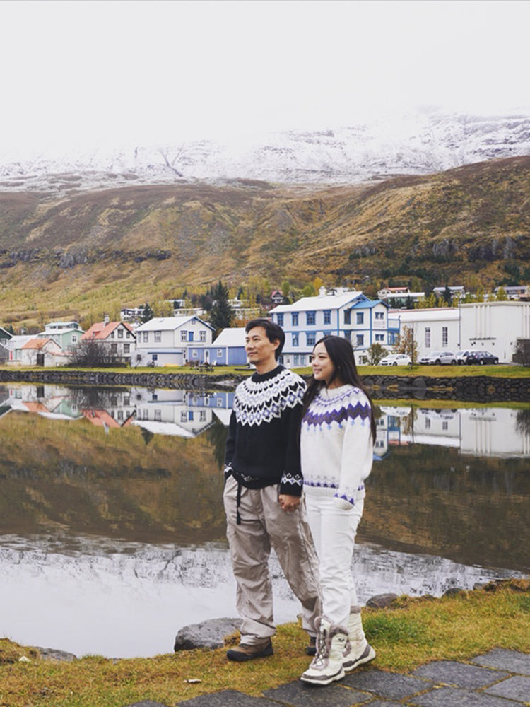 Hand-Knitted Icelandic Japanese Retro Unisex Sweater Couple Travel Fair Isle Cat Minimalist Style Pullover