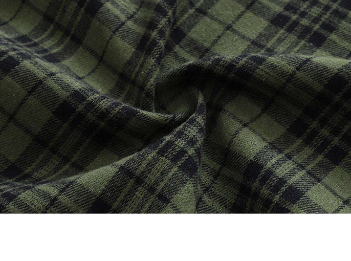 Vintage Sanded Green Plaid Long Sleeve Shirt – Loose Unisex Casual