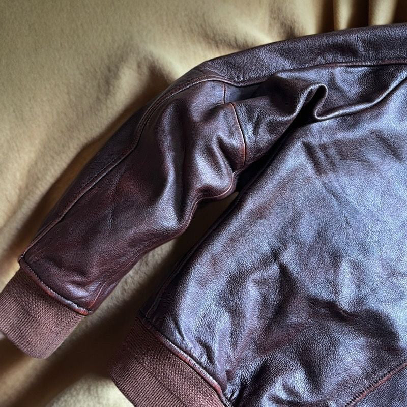 Vintage Cowhide MA-1 Flight Jacket – Hand-Polished Dark Brown Leather
