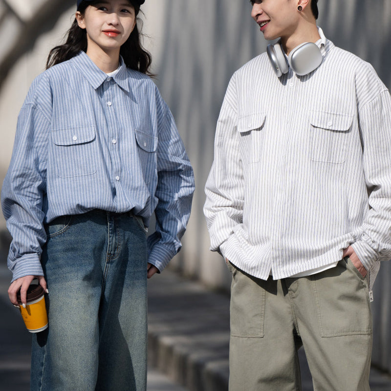 Loose Striped Cotton Long-Sleeve Shirt – Oversized Silhouette Unisex Layering Top – Japanese vintage | yamalin clothes | Yamalinclothes