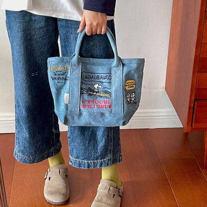 Denim Canvas Embroidery Tote Bag – Cute Cartoon Portable Handbag
