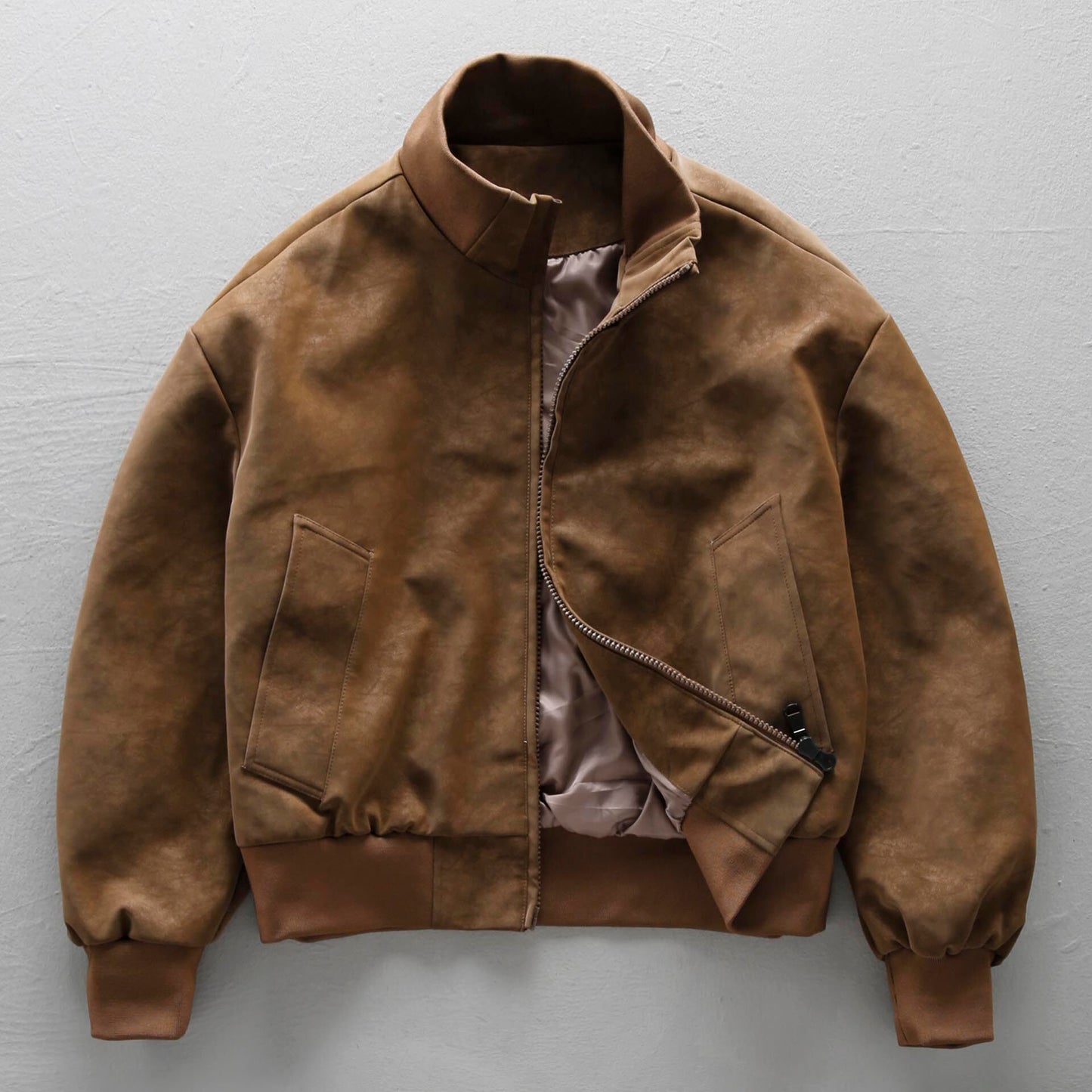 American Vintage Suede PU Leather Stand-Collar Jacket – Oversized Men’s Moto Coat