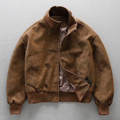 American Vintage Suede PU Leather Stand-Collar Jacket – Oversized Men’s Moto Coat