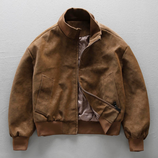 American Vintage Suede PU Leather Stand-Collar Jacket – Oversized Men’s Moto Coat