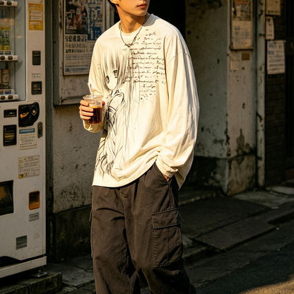 Japanese Contrast Washed Long Sleeve Tee – Punk Streetwear Oversized Shirt