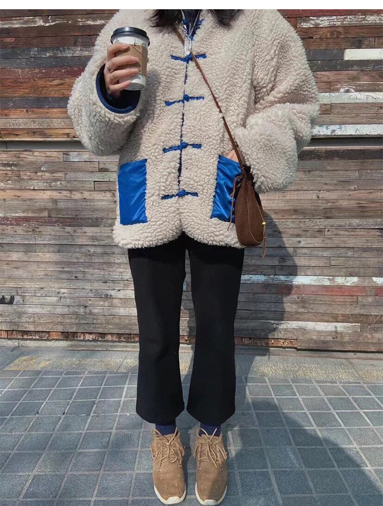 Japanese Artisan Tang Suit Fleece Jacket – Oversized Lamb Wool Lined Unisex Coat