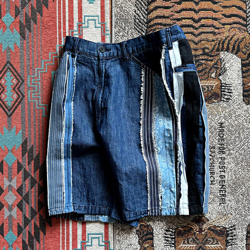 Japanese Vintage Patchwork Denim Shorts – Handmade Ethnic Strip Panel Summer Streetwear – Japanese vintage | yamalin clothes | Yamalinclothes