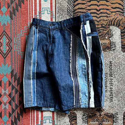 Japanese Vintage Patchwork Denim Shorts – Handmade Ethnic Strip Panel Summer Streetwear – Japanese vintage | yamalin clothes | Yamalinclothes
