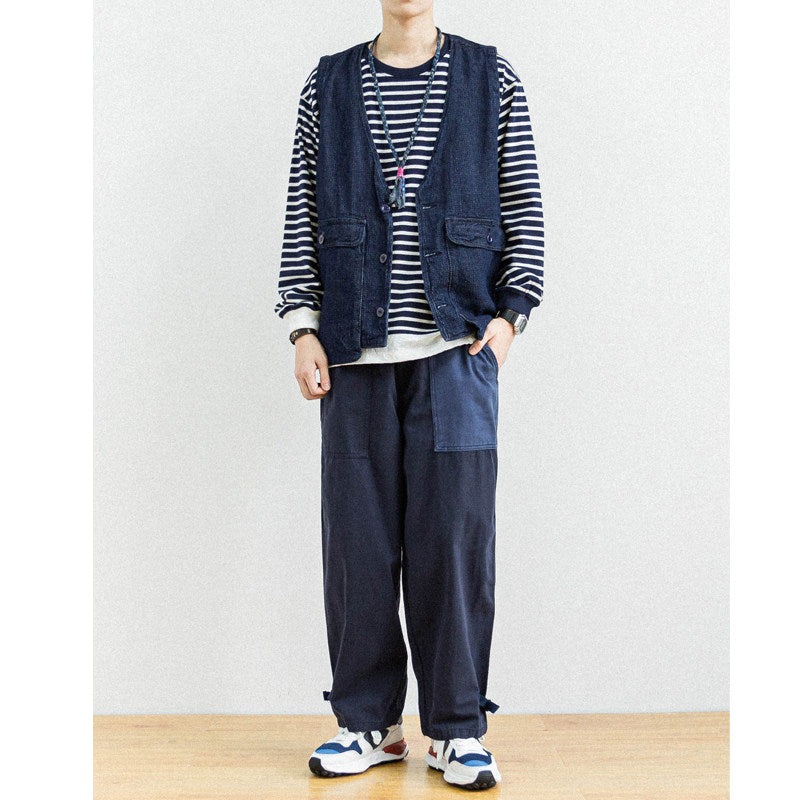Japanese style men's clothing personality color block stitching elastic waist loose couple men and women slub cotton casual pants trend | Japanese vintage | yamalin clothes | Yamalinclothes