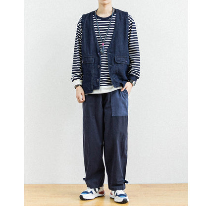 Japanese style men's clothing personality color block stitching elastic waist loose couple men and women slub cotton casual pants trend | Japanese vintage | yamalin clothes | Yamalinclothes
