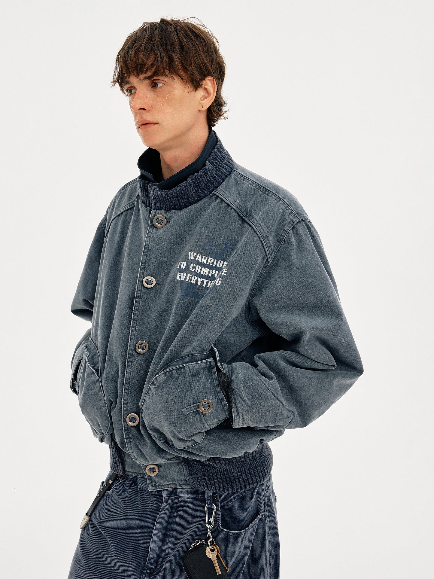 Heavyweight Washed Cotton Stand Collar Workwear Jacket – Oversized Unisex Short Coat