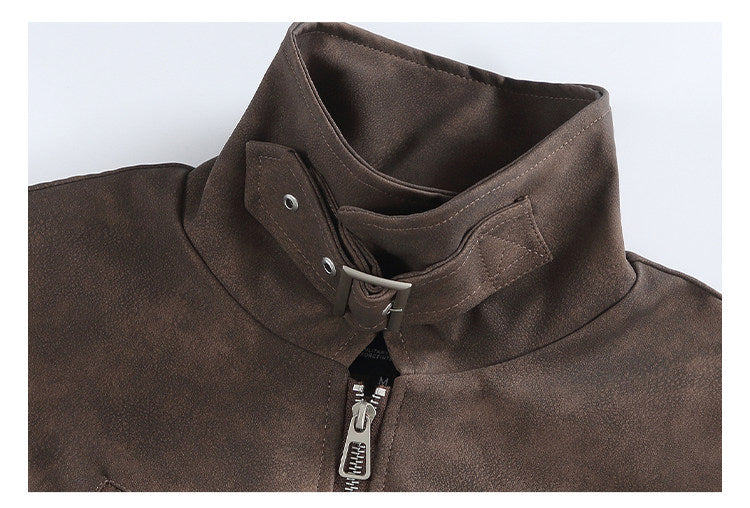 Double-Zip Stand-Collar PU Leather Jacket – Vintage Oversized Unisex