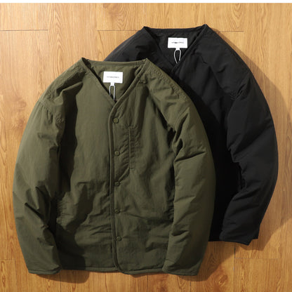 Collarless V-Neck Snap Padded Jacket – Japanese Retro Dark Grid Waterproof Unisex