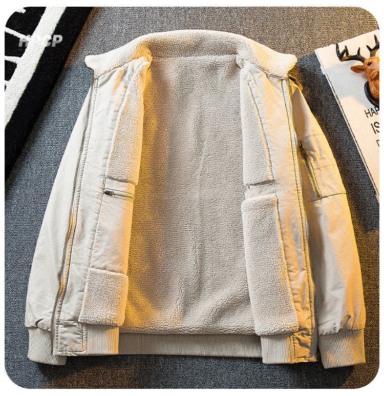 Lambswool Stand Collar Workwear Bomber Jacket – Fleece Lined Unisex Winter