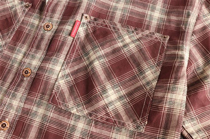 Japanese Plaid Workwear Shirt – Men's Washed Cotton Large Pocket Long-Sleeve